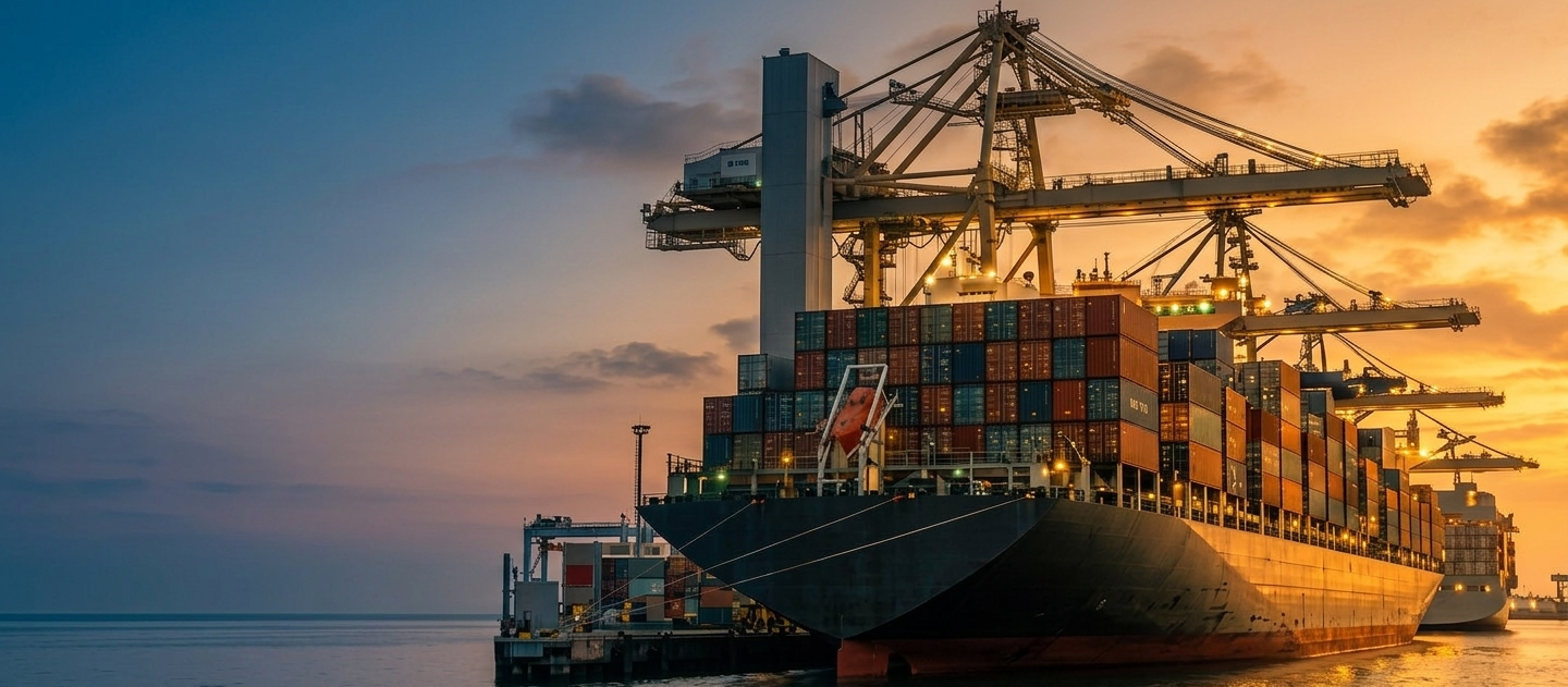 Container ship loaded with freight under way at sea