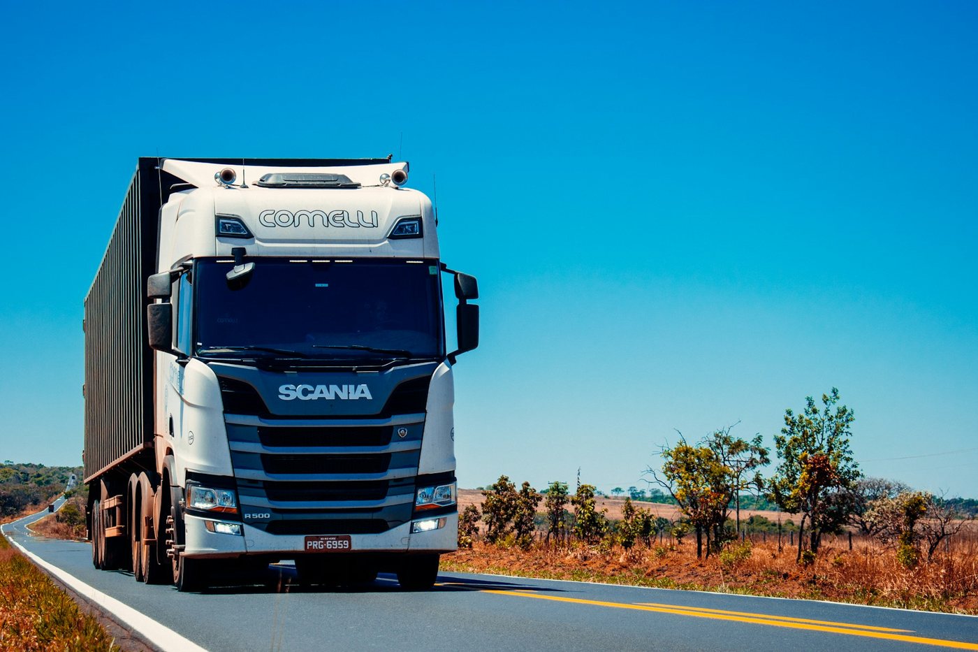Container truck on the highway in transit